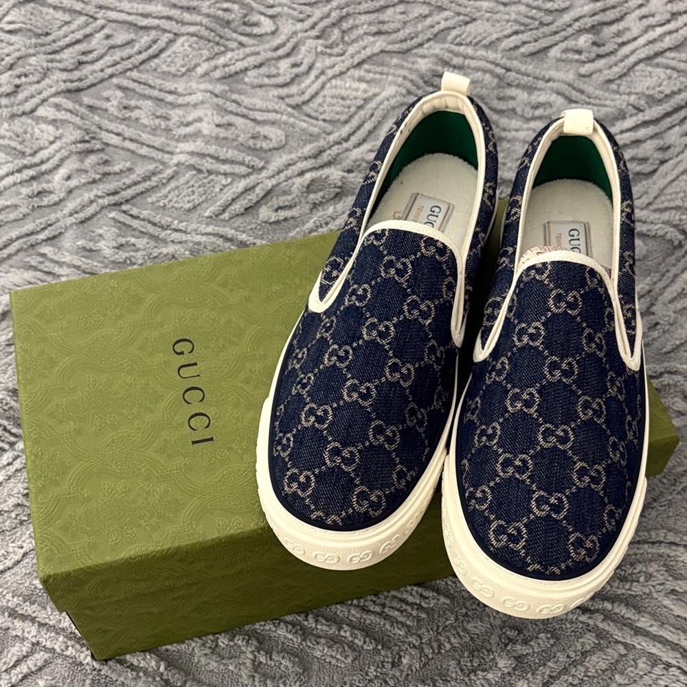 Gucci Navy Monogram Slip-On Shoes